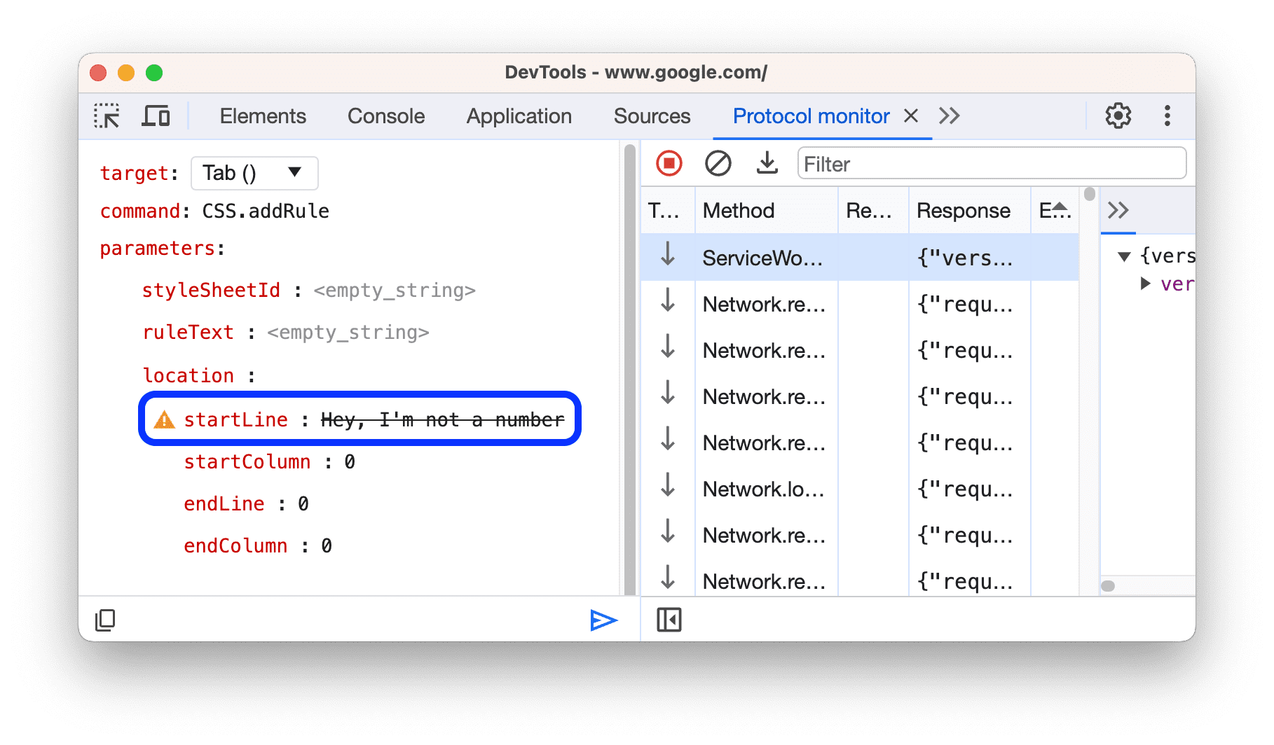 Ikona błędu obok parametru o nieprawidłowej wartości.