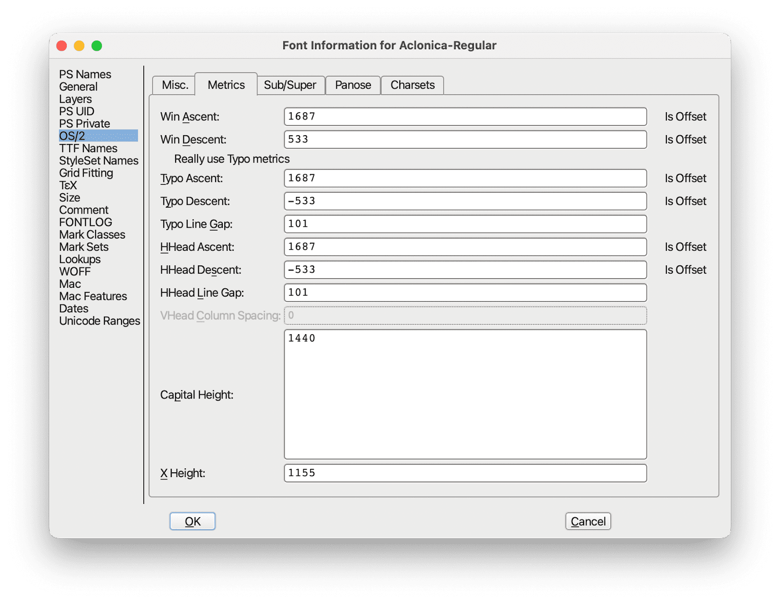 FontForge の [フォント情報] ダイアログ ボックスのスクリーンショット。ダイアログ ボックスには、「Typo Ascent」、「Typo Descent」、「Typo Line Gap」などのフォント メトリックが表示されます。