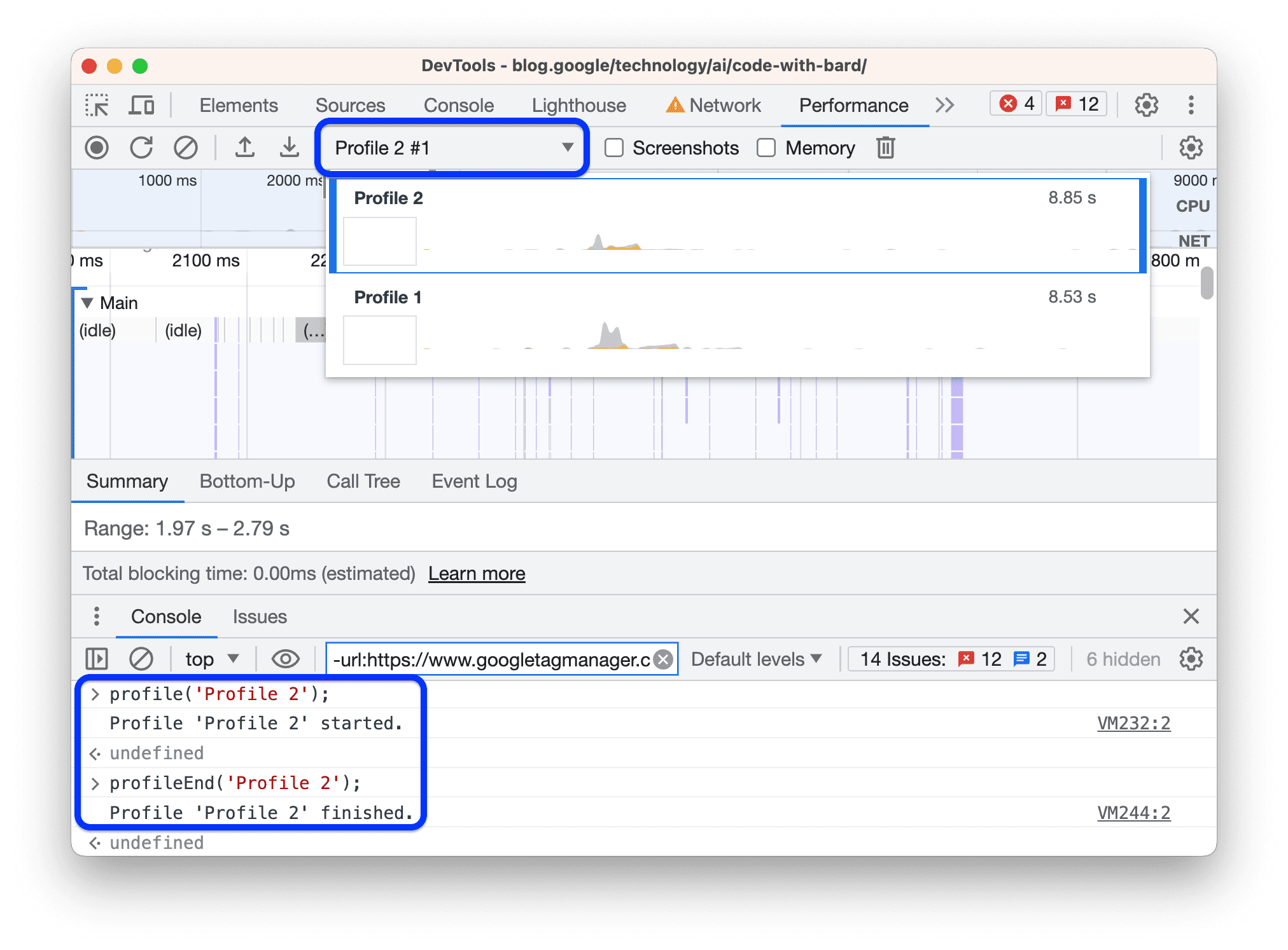 La commande console() crée un profil dans le panneau &quot;Performance&quot;.