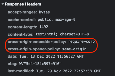 Die beiden oben genannten Header „Cross-Origin-Embedder-Policy“ und „Cross-Origin-Opener-Policy“, hervorgehoben in den Chrome-Entwicklertools.