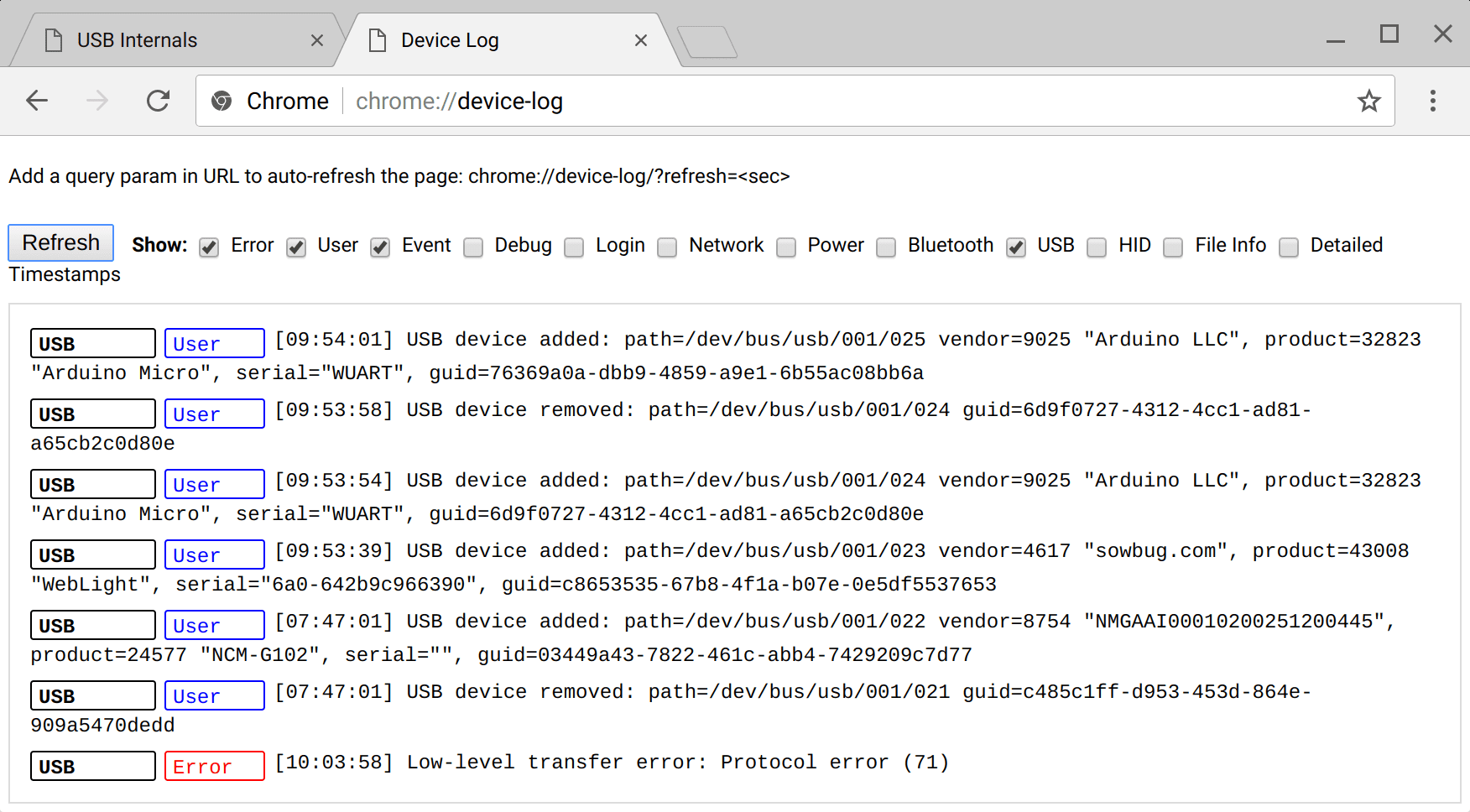 Chrome에서 WebUSB를 디버그하는 기기 로그 페이지의 스크린샷