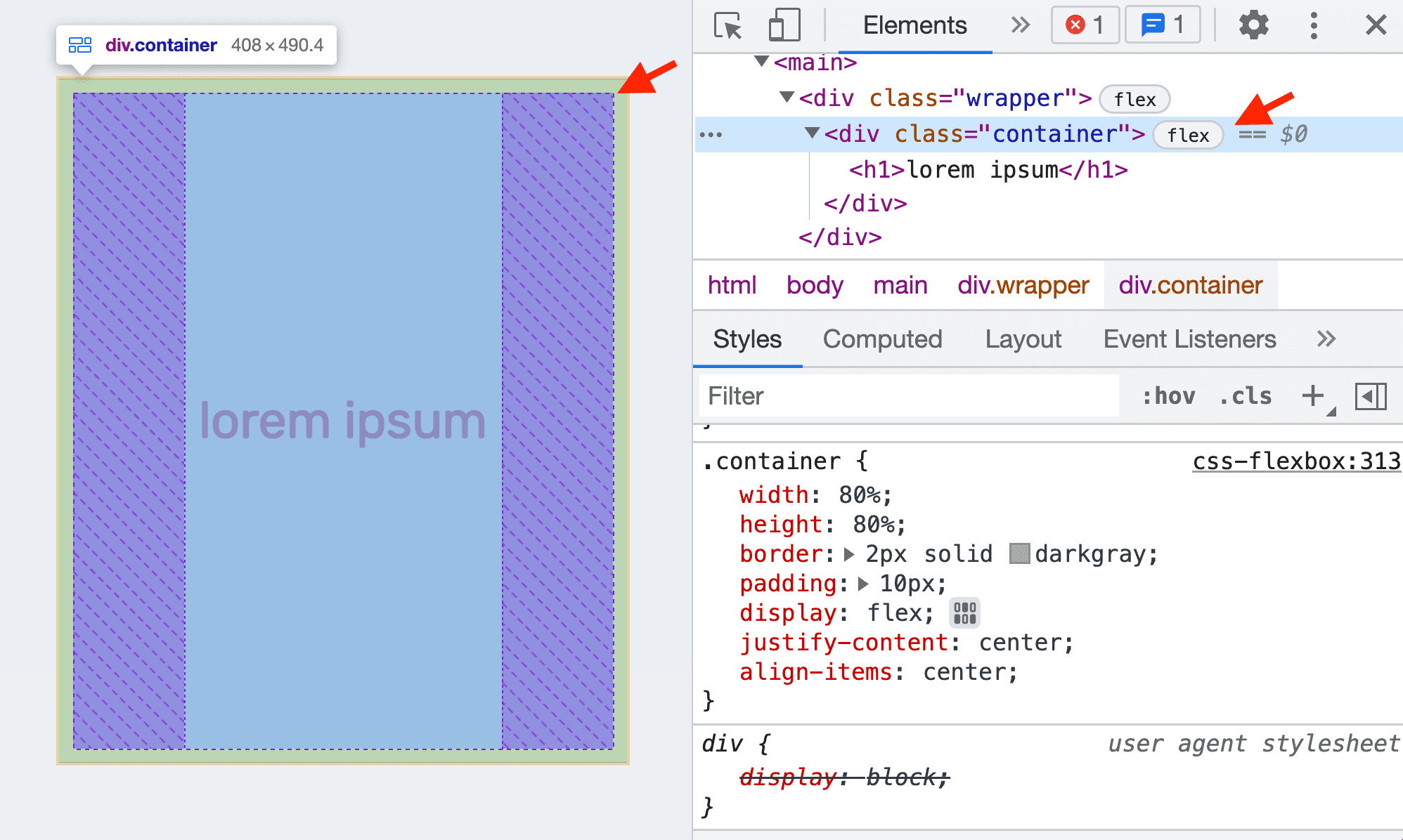 passe o cursor sobre um elemento flexbox