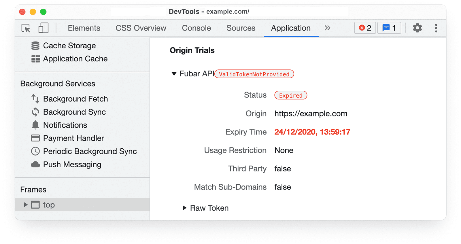 Chrome DevTools: Informationen zu Ursprungstests im Bereich „Application“ (Anwendung) mit den Meldungen „ValidTokenNotProvided“ (Gültiges Token nicht bereitgestellt) und „Status Expired“ (Abgelaufen)