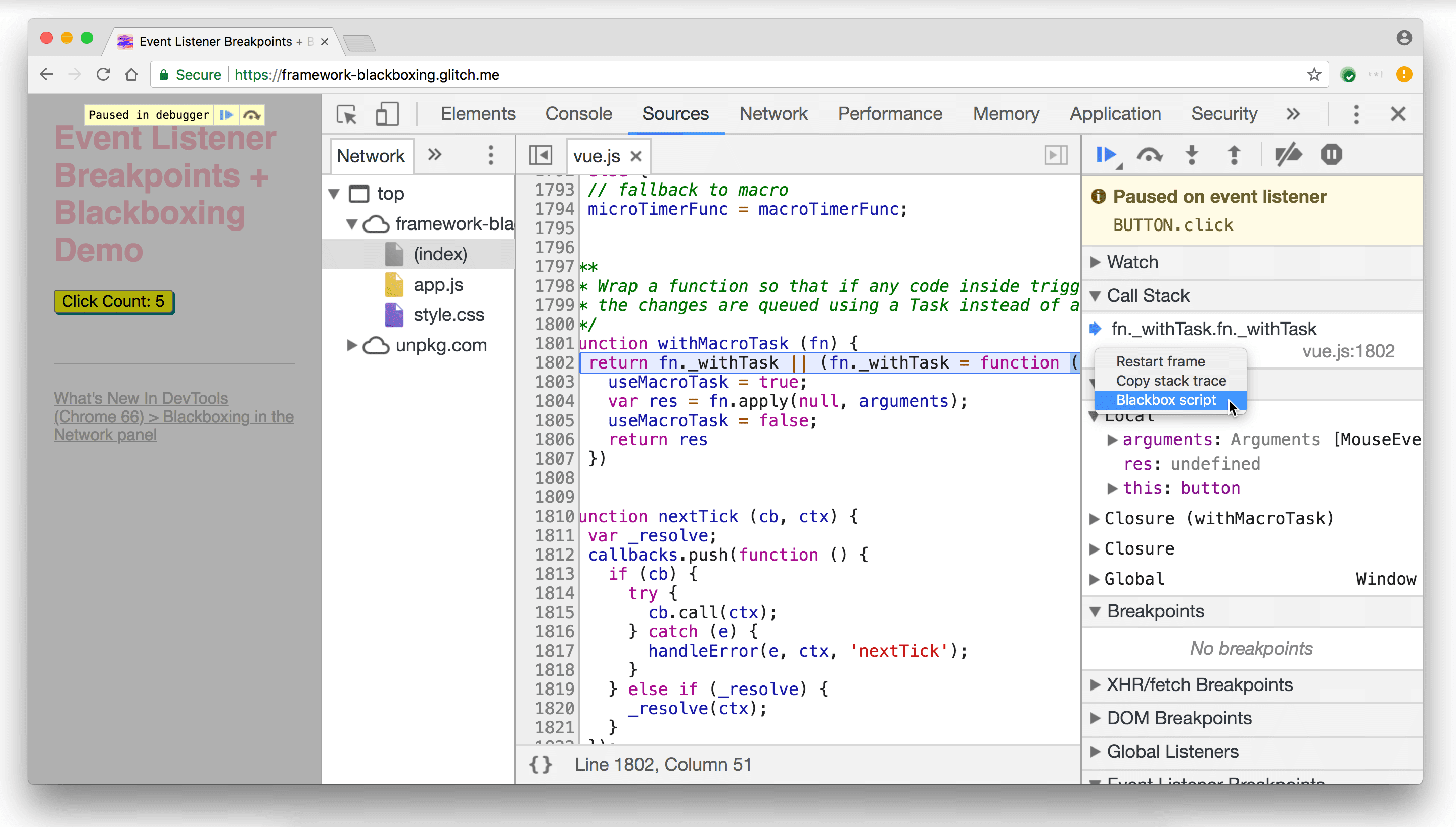 Mengabaikan skrip Vue.js dari panel Call Stack.