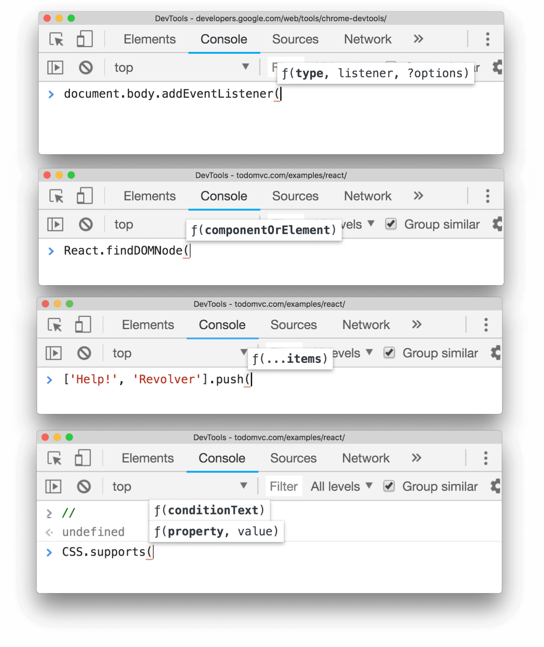 Argumenthinweise in der Console