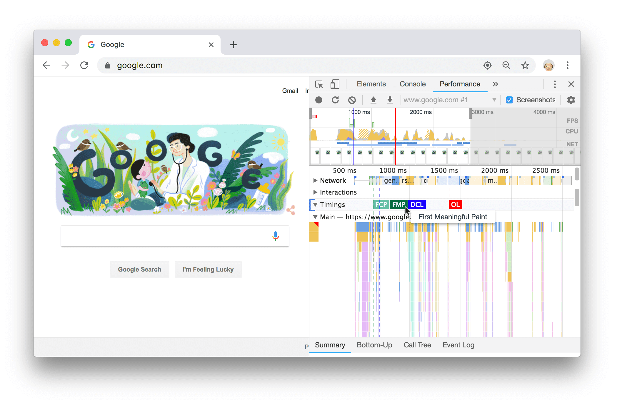 First Meaningful Paint dans la section &quot;Timing&quot; (Temps)