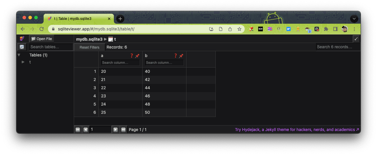 App de SQLite Viewer que se usa para abrir un archivo de base de datos de la demostración de SQLite Wasm.