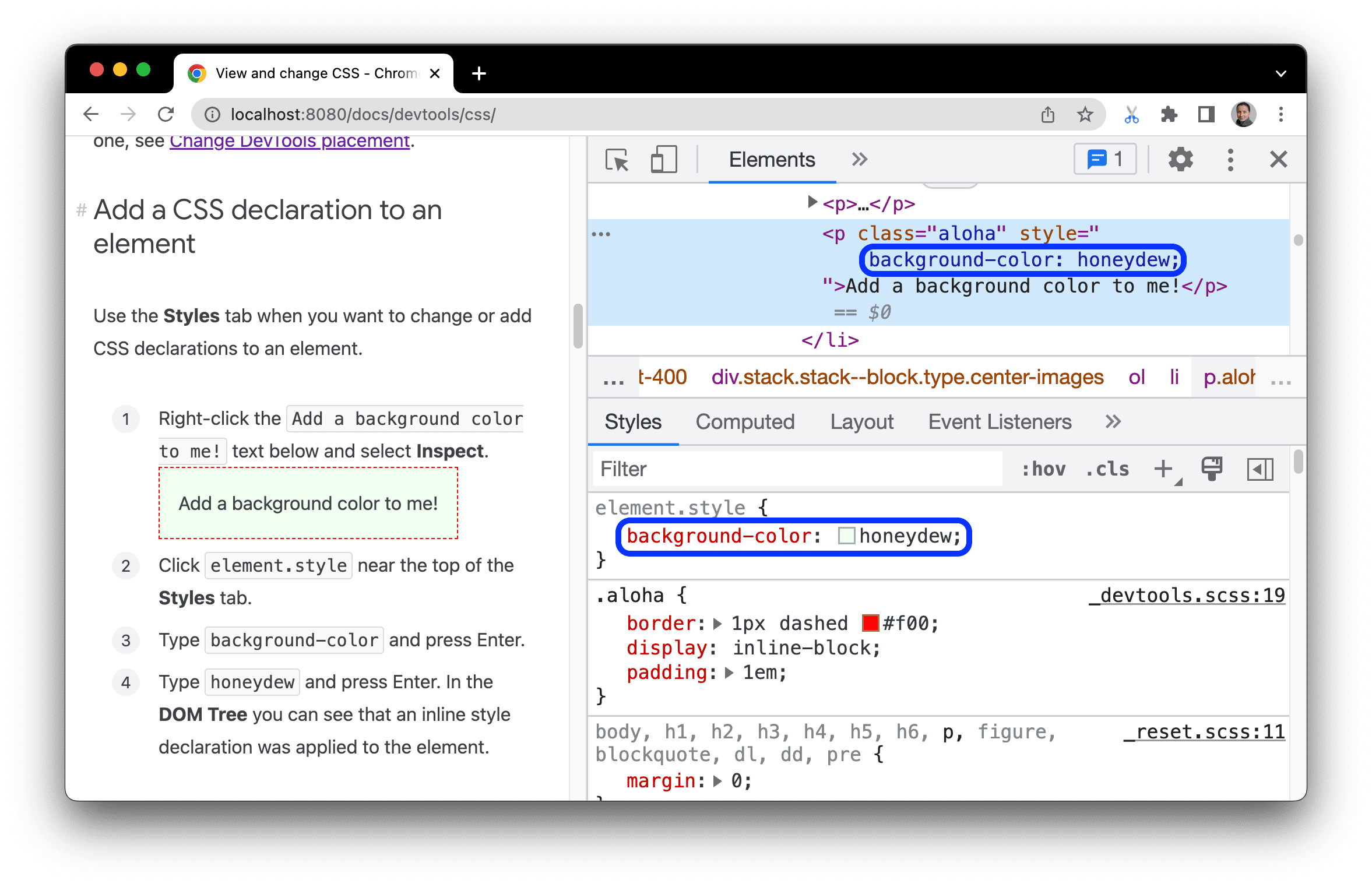 Hinzufügen einer CSS-Deklaration zum Element über die Registerkarte Styles (Stile)