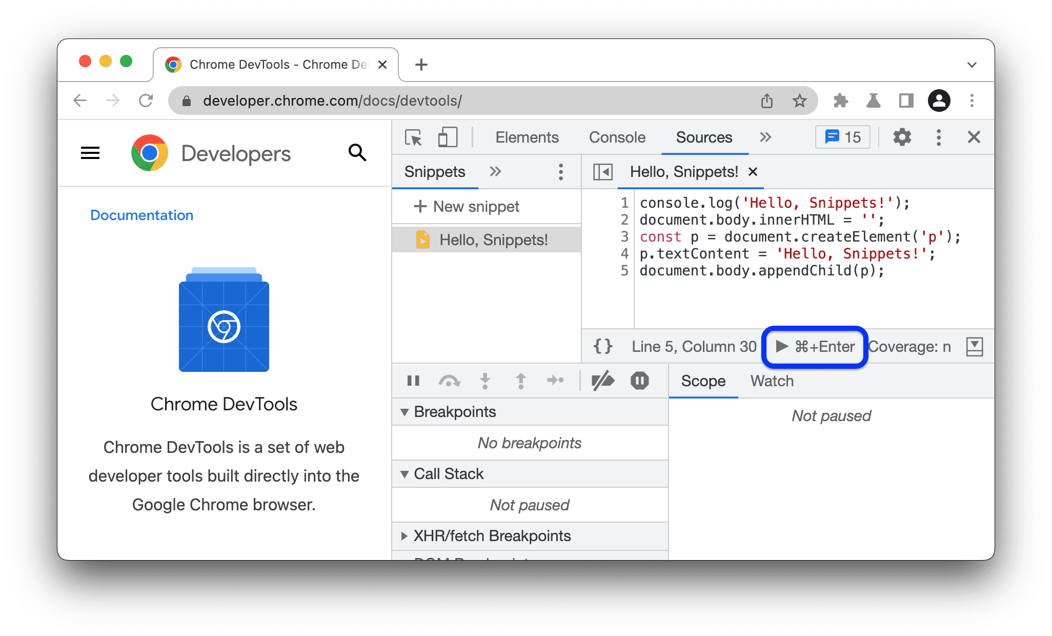 Page d&#39;accueil de la documentation DevTools avant l&#39;exécution de l&#39;extrait. Le bouton &quot;Run&quot; (Exécuter) est mis en surbrillance.