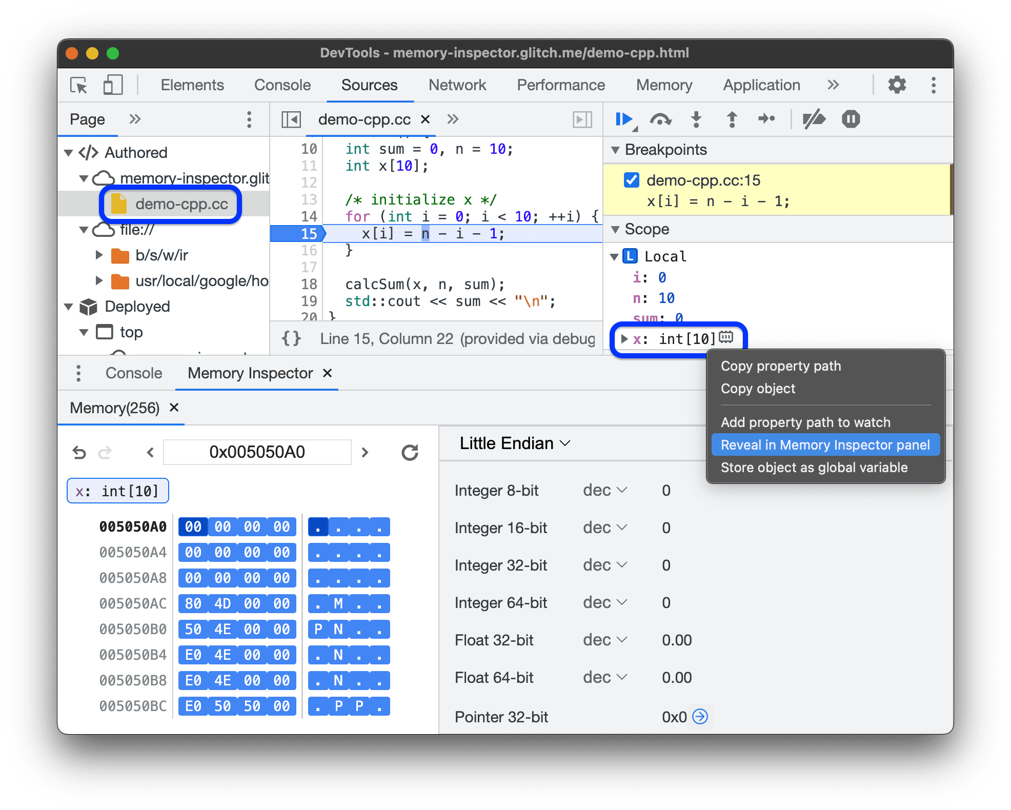 De x-array geopend in Memory Inspector.