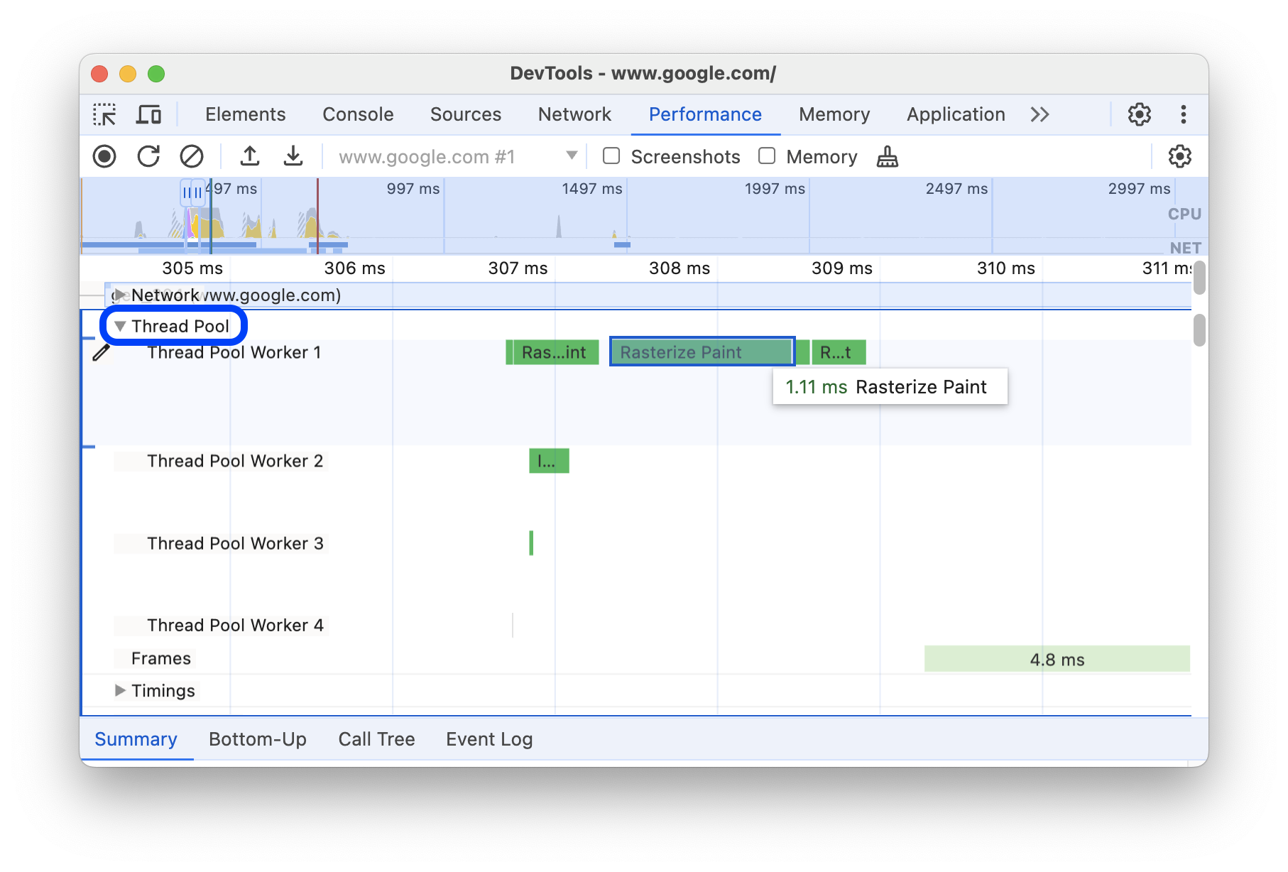 Activité de trame dans la section &quot;Pool de threads&quot;