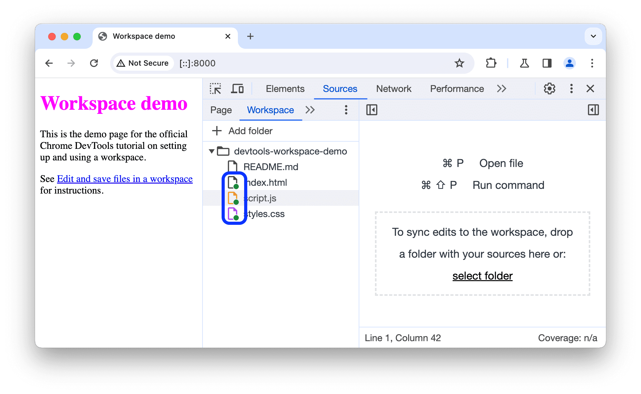 בכרטיסייה &#39;Workspace&#39; מוצג עכשיו מיפוי בין הקבצים המקומיים לקבצים שברשת.