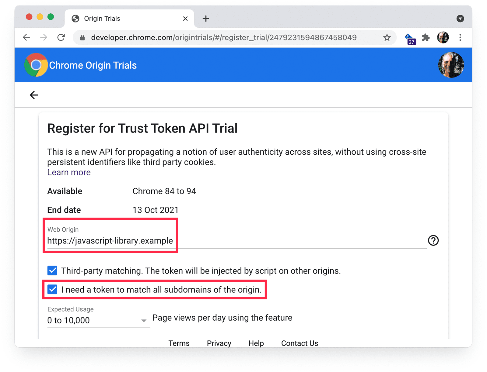 Halaman pendaftaran uji coba origin Chrome yang menampilkan pencocokan pihak ketiga dan pencocokan subdomain yang dipilih