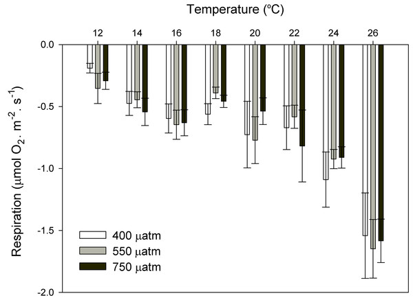 Respiration rates of coralline algae with CO2 and temperature after 11 months.