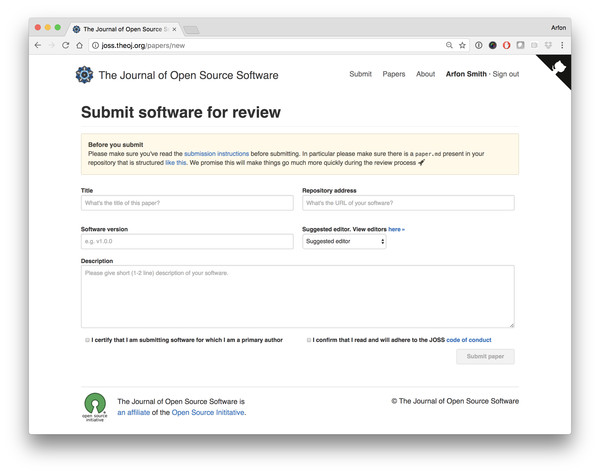 The JOSS submission page. A minimal amount of information is required for new submissions.