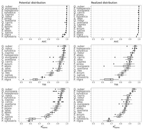 Results of the accuracy assessment per model and distribution for the ensemble model only expressed using AUC, TSS and R2logloss.