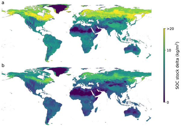 Amount of soil organic carbon required to reach the maximum soil carbon storage capacity to the technical maximum (90th percentile; A) and to the more feasible scenario (75th percentile; B).