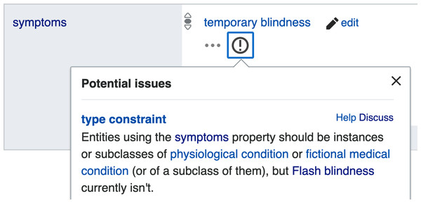 Example of a property constraint violation indicated via the Wikidata user interface.