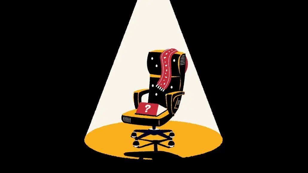 An illustration of a black office chair under a spotlight, symbolizing the challenges brands face in managing identity solutions amid signal loss, privacy regulations, and fragmented ecosystems. The chair features a red scarf and a folder with a white question mark, representing the need for adaptable and composable identity frameworks in a complex digital landscape.