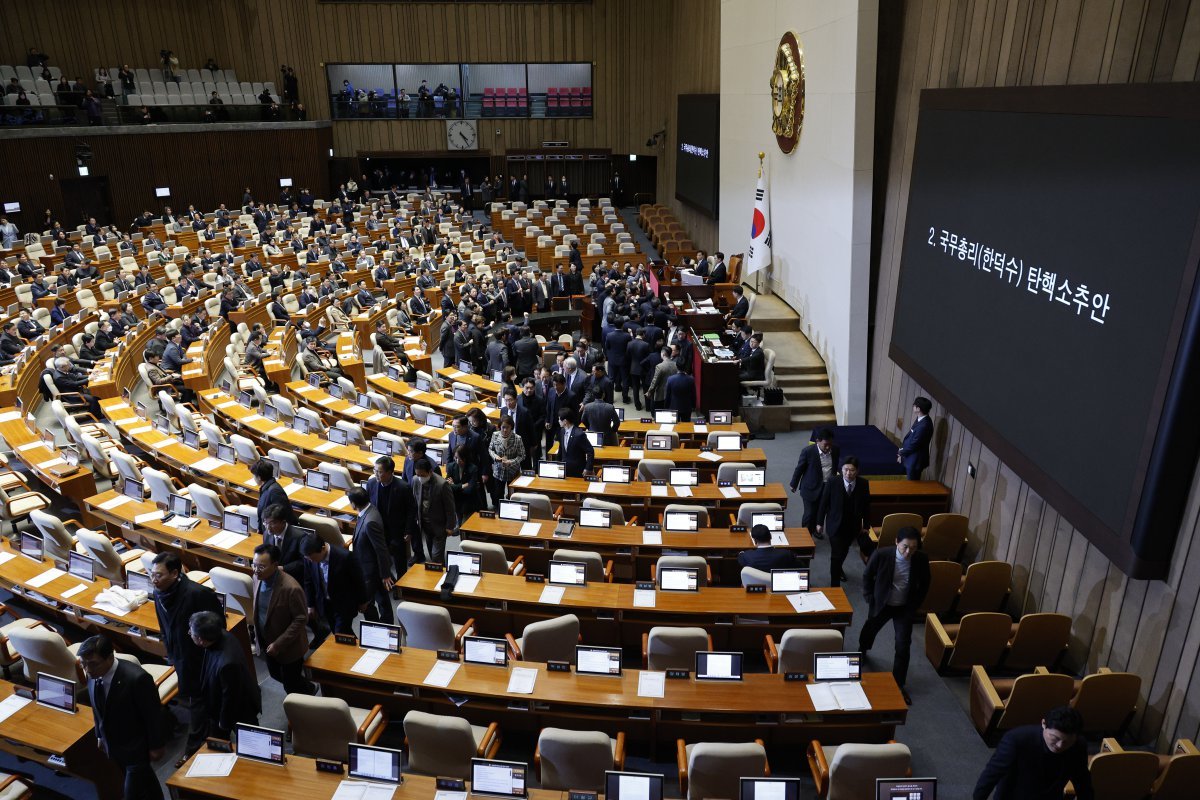 27일 국회 본회의에서 한덕수 대통령 권한대행 겸 국무총리 탄핵소추안 표결이 진행되고 있다. 뉴스1