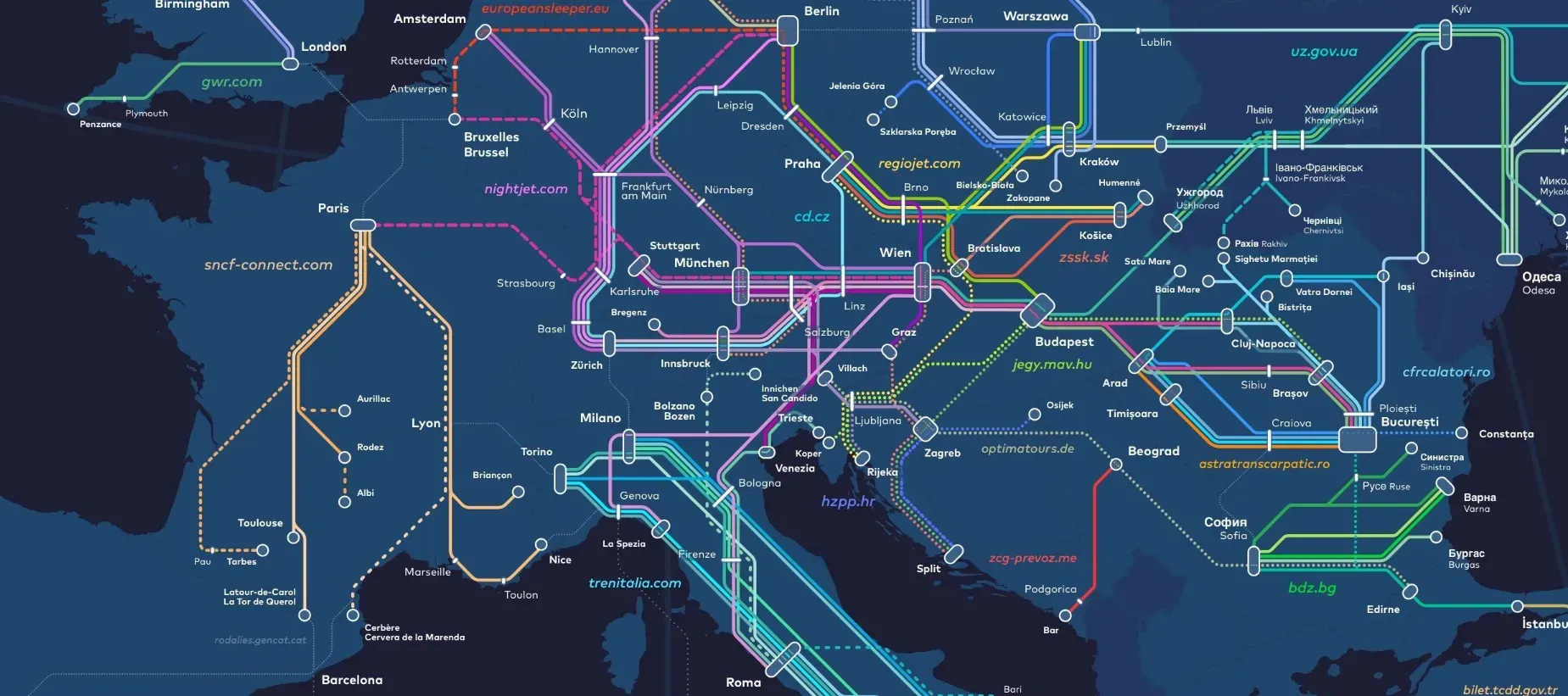 Night Train Map in Europe