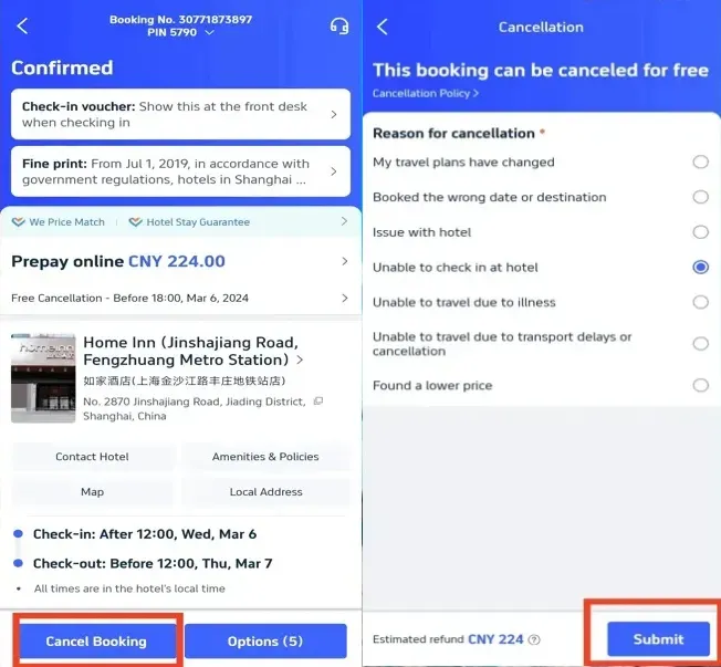 Request the Trip.com hotel refund