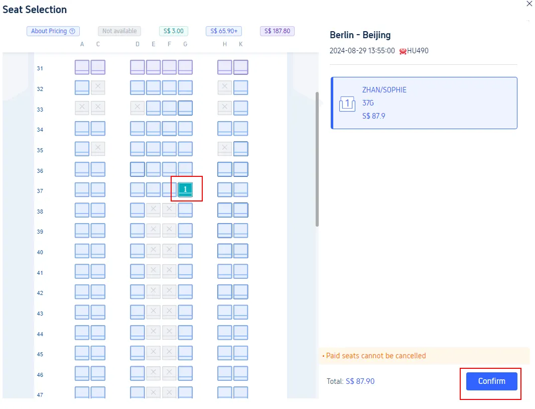 Step 5: Complete the Trip.com Seat Selection