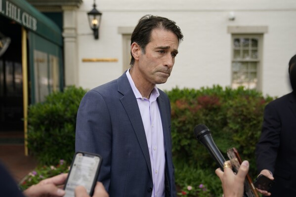 FILE - Rep. Garret Graves, R-La., speaks with members of the media on Capitol Hill in Washington, May 23, 2023. On Friday, June 14, 2024, Graves announced that he will not run for reelection, citing a new congressional map that dismantled his district. (AP Photo/Patrick Semansky, File)