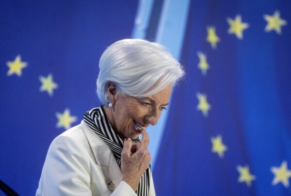 FILE - President of European Central Bank, Christine Lagarde, attends a press conference after an ECB's governing council meeting in Frankfurt, Germany, on Jan. 25, 2024. The European Central Bank appears ready to start cutting interest borrowing costs for businesses and consumers - and do it ahead of the Fed. Analysts say a first rate cut is coming Thursday when the bank's policymakers meet in Frankfurt, Germany. . (AP Photo/Michael Probst, File)