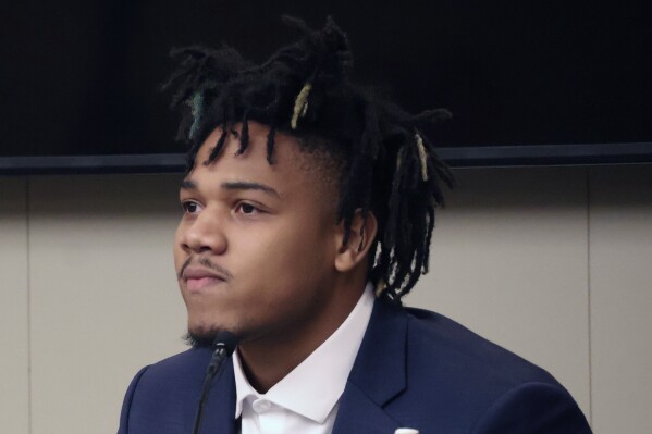 University of Illinois basketball standout Terrence Shannon Jr. testifies during his trial Thursday June 13, 2024, in Lawrence, Kan. Shannon, of Champaign, Ill., is accused of committing sexual assault on Sept. 9, 2023, in Lawrence, Kan. (Chris Conde/The Lawrence Journal-World via AP)