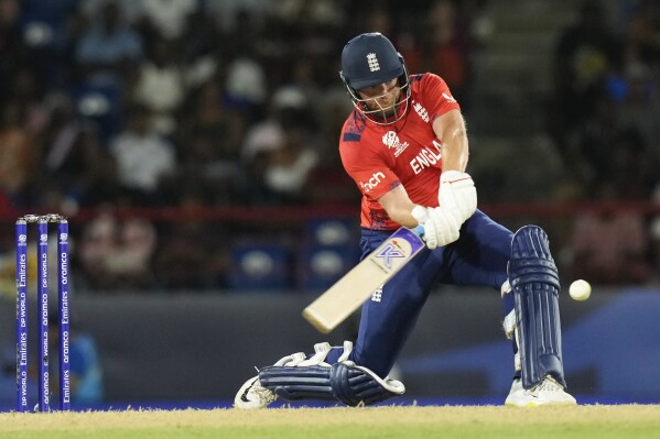 England's Jonathan Bairstow bats during the men's T20 World Cup cricket match between England and the West Indies at Darren Sammy National Cricket Stadium, Gros Islet, St Lucia, Wednesday, June 19, 2024. (AP Photo/Ramon Espinosa)