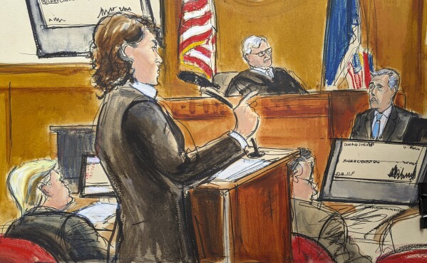 Assistant district attorney Susan Hoffinger questions Michael Cohen, right, as former President Donald Trump, far left, looks on in Manhattan criminal court, Tuesday, May 14, 2024, in New York. A check that Trump had written to Cohen and signed for monthly $35,000 payments is shown on the screens. Donald Trump's fixer-turned-foe Michael Cohen returned to the witness stand Tuesday, testifying in detail how former president was linked to all aspects of a hush money scheme that prosecutors say was aimed at stifling stories that threatened his 2016 campaign. (Elizabeth Williams via AP)