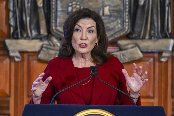 FILE - New York Gov. Kathy Hochul speaks at the state Capitol, Feb. 1, 2023, in Albany, N.Y. On Saturday, Dec. 9, 2023, Hochul called on the state's colleges and universities to swiftly address cases of antisemitism and what she described as any “calls for genocide” on campus. (AP Photo/Hans Pennink, File)