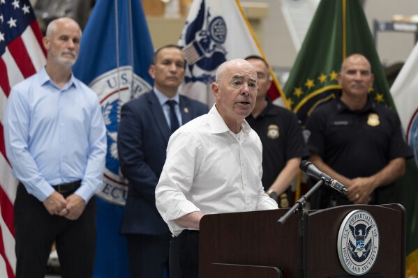 Homeland Security Secretary Alejandro Mayorkas speaks during a news conference in Tucson, Ariz., Wednesday, June 26, 2024. The Homeland Security Department says arrests for illegal border crossings have dropped more than 40% during the three weeks asylum processing has been suspended. (AP Photo/Jae C. Hong)