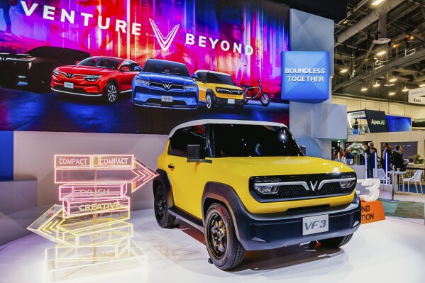 This photo released by Vinfast shows Vinfast electric car VF3 at an event in Las Vegas on Jan. 9, 2024. Vietnamese automaker VinFast just can’t sell enough cars, so it's hoping its tiniest and cheapest car yet — a roughly 10-foot-long mini-SUV priced at $9,200 and called the VF3 — will become Vietnam's “national car" and win over consumers in Asian markets. (Vinfast Handout)