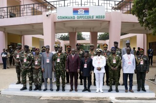 FILE - The defense chiefs from the Economic Community of West African States (ECOWAS) countries excluding Mali, Burkina Faso, Chad, Guinea and Niger, pose for a group photo during their extraordinary meeting in Accra, Ghana, Thursday, Aug. 17, 2023. Defense chiefs of West Africa on Thursday, June 27, 2024, proposed a $2.6 billion plan to fight the region’s worsening security crises, a measure that analysts say though ambitious might not work due to challenges of funding and division within the regional bloc. (AP Photo/Richard Eshun Nanaresh), File)