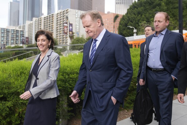 NFL Commissioner Roger Goodell arrives at federal court Monday, June 17, 2024, in Los Angeles. Goodell is expected to testify as a class-action lawsuit filed by "Sunday Ticket" subscribers claiming the NFL broke antitrust laws. (AP Photo/Damian Dovarganes)