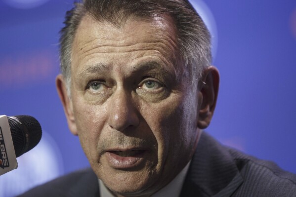 Ken Holland speaks at a press conference in Edmonton, Tuesday May 7, 2019. The Edmonton Oilers said Thursday, June 27, 2024, general manager Ken Holland will not have his contract renewed, calling it a mutual decision between the veteran executive and the NHL club. (Jason Franson/The Canadian Press via AP, File)