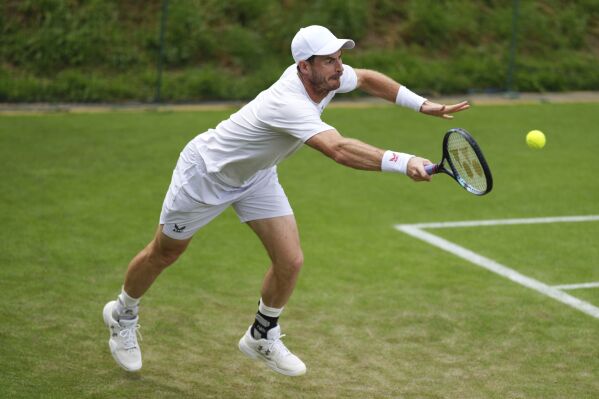 Britain's Andy Murray on the practice court at the All England Lawn Tennis and Croquet Club in Wimbledon, London, Saturday June 29, 2024. The Wimbledon Championships begin on July 1. (John Walton/PA via AP)