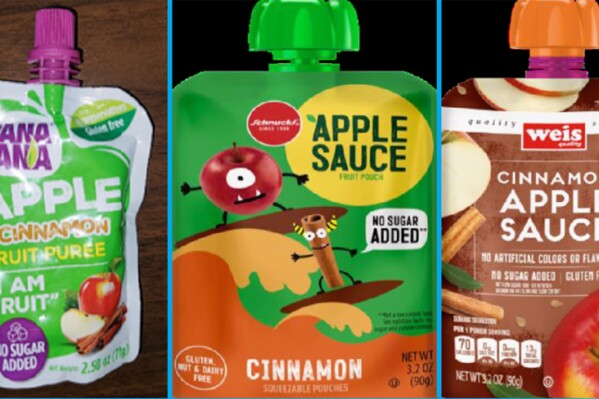 FILE - This image provided by the U.S. Food and Drug Administration on Nov. 17, 2023, shows three recalled applesauce products - WanaBana apple cinnamon fruit puree pouches, Schnucks-brand cinnamon-flavored applesauce pouches and variety pack, and Weis-brand cinnamon applesauce pouches. Dollar Tree failed to effectively recall the lead-tainted applesauce pouches linked to reports of illness in more than 500 children, leaving the products on some stores shelves for two months, the Food and Drug Administration said Tuesday, June 18, 2024. (FDA via AP, File)