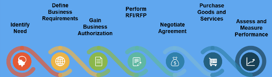 Steps in an RFP Process, 'Identify Need', 'Define Business Requirements', 'Gain Business Authorization', 'Perform RFI/RFP', 'Negotiate Agreement', 'Purchase Good and Services', and 'Assess and Measure Performance'.