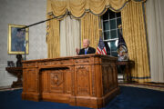 Photo shows Joe Biden delivering his farewell address to the nation from the Oval Office of the White House.