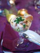 Photo shows a classic meal starter prawn cocktail in a glass