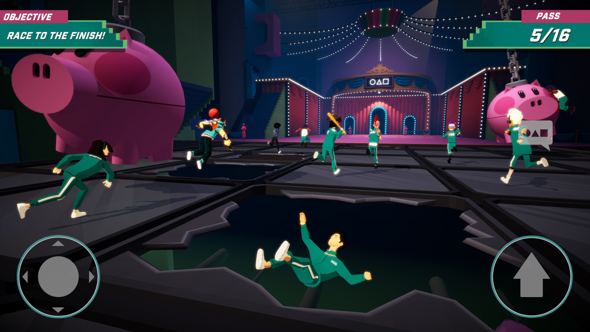 An in-game screenshot from ‘Squid Game: Unleashed,’ featuring game characters competing against each other in the challenge Glass Bridge