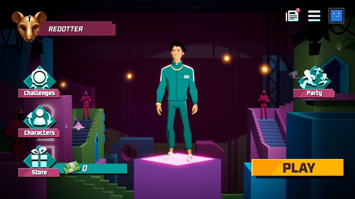 An in-game screenshot from ‘Squid Game: Unleashed,’ featuring a male game character standing on a podium