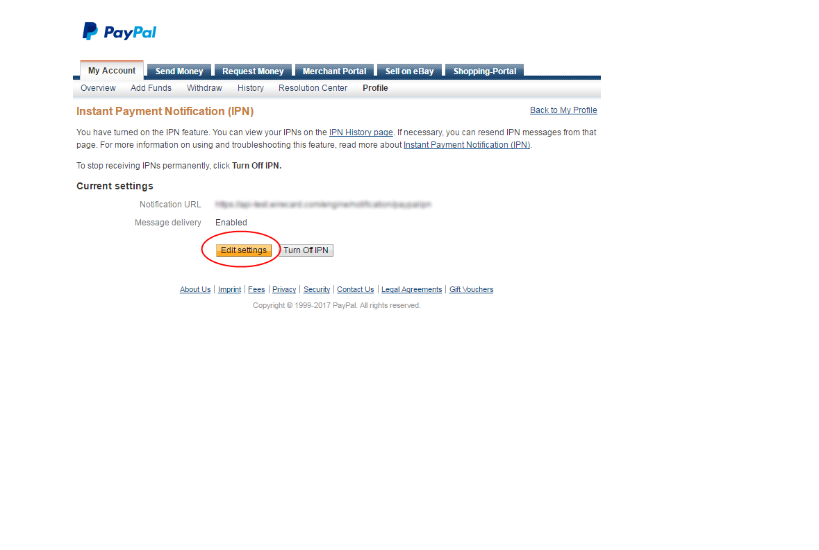 PayPal Edit Settings