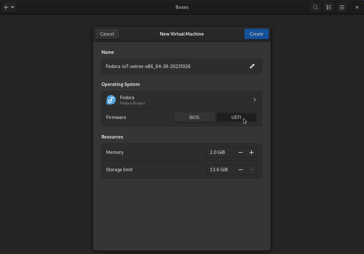 GNOME Boxes Selecting UEFI