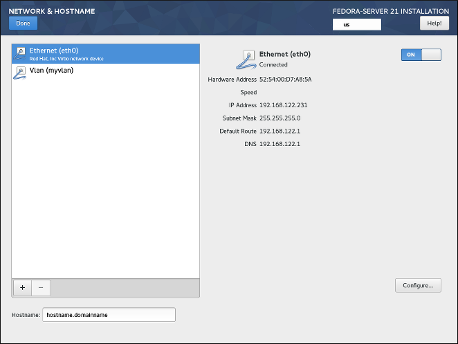 The Network & Hostname screen. In the left pane