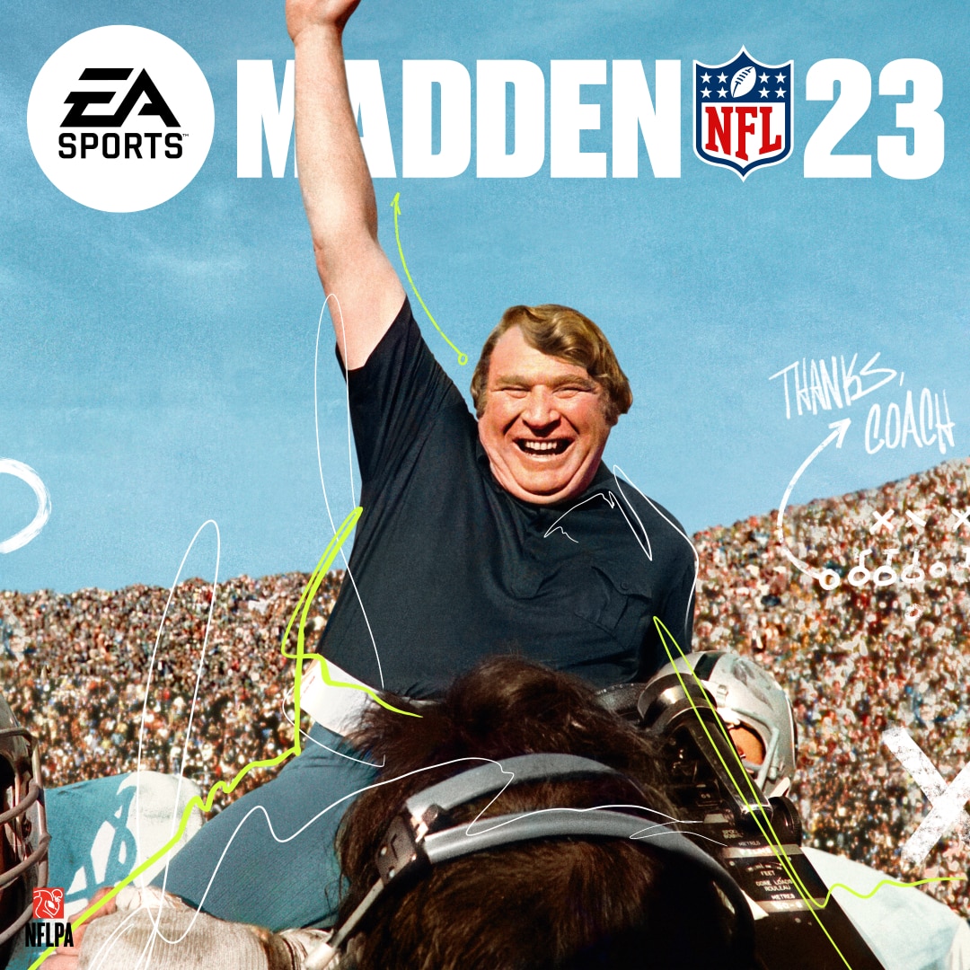 Image showing the Madden NFL 23 Standard Edition keyart, showing John Madden celebrating being held up by an adoring crowd.