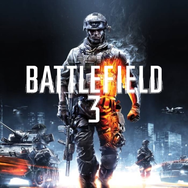 Key art for "Battlefield 3" shows a soldier with a weapon in the foreground, with soldiers and tanks against a dark cityscape.